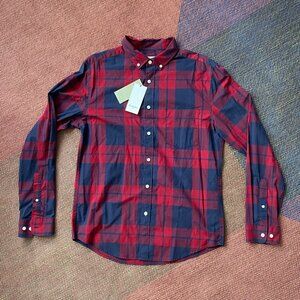 Goodfellow Plaid Mens Button Down Shirt - Red & Navy Long Sleeve Top - Medium